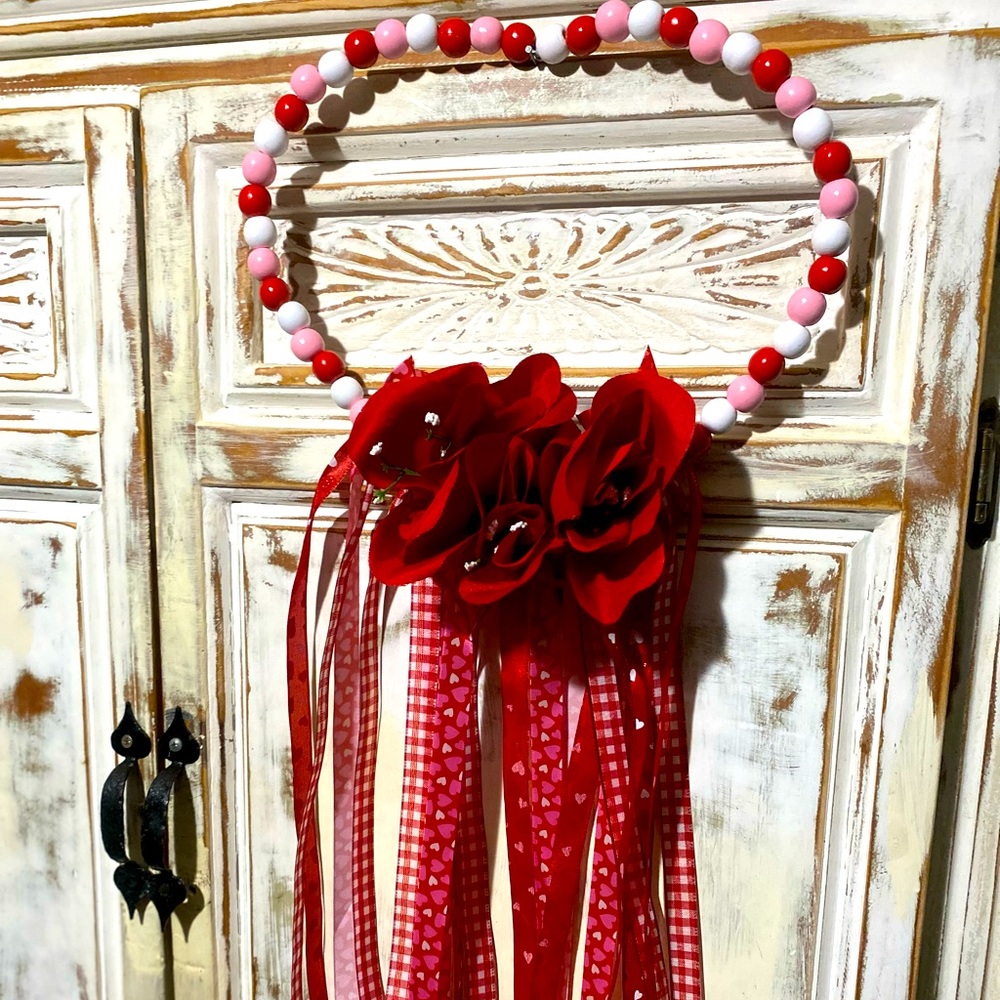 Beaded Heart Wreath, Valentines Macrame, Wall Hanging, Home Decor